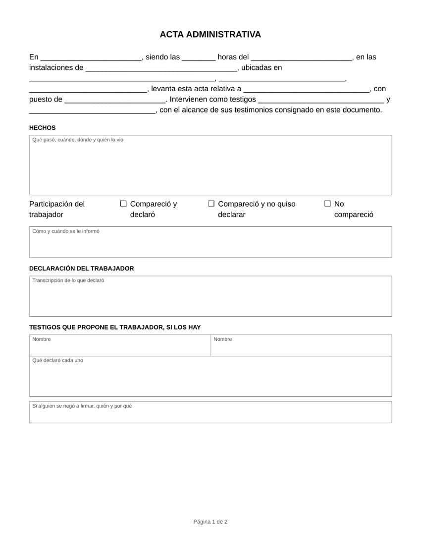 Vista previa del formato de acta administrativa laboral en blanco, tamaño carta: lugar, fecha y participantes, recuadro de hechos, recuadro para la declaración del trabajador, espacio para los testigos que él proponga, cierre y seis firmas.