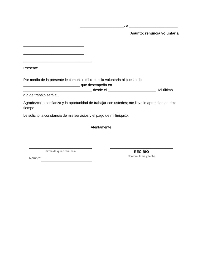 Vista previa del formato de carta de renuncia voluntaria en blanco, tamaño carta: lugar y fecha, destinatario, texto de la renuncia con el puesto y el último día, solicitud de constancia y finiquito, firma y espacio para el acuse de recibo. Versión con agradecimiento.
