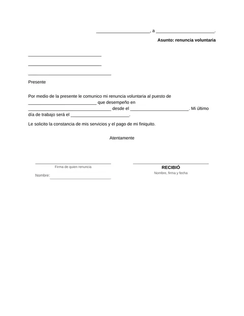 Vista previa del formato de carta de renuncia voluntaria en blanco