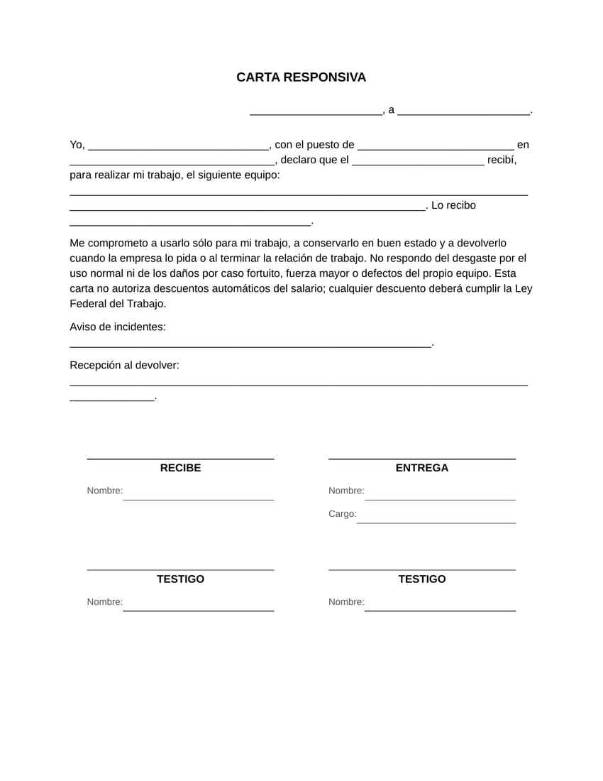 Vista previa de la carta responsiva de equipo de trabajo en blanco, tamaño carta: el equipo que recibe la persona trabajadora, su compromiso de cuidarlo y devolverlo, aviso de incidentes, recepción al devolver y firmas de quien recibe, quien entrega y dos testigos.