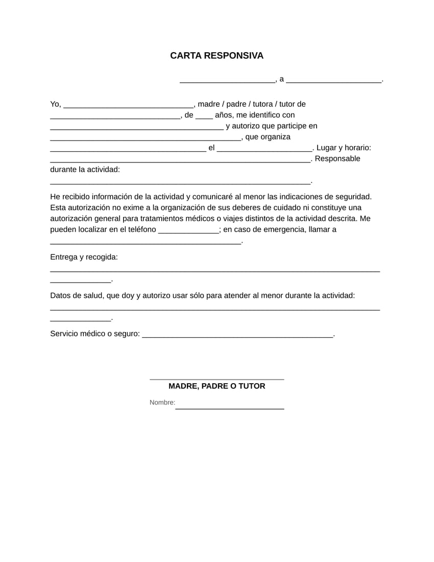 Vista previa de la carta responsiva de menor de edad en blanco, tamaño carta: autorización de la madre, el padre o el tutor para una actividad, con lugar, horario y responsable, entrega y recogida, datos de salud, servicio médico y firma.