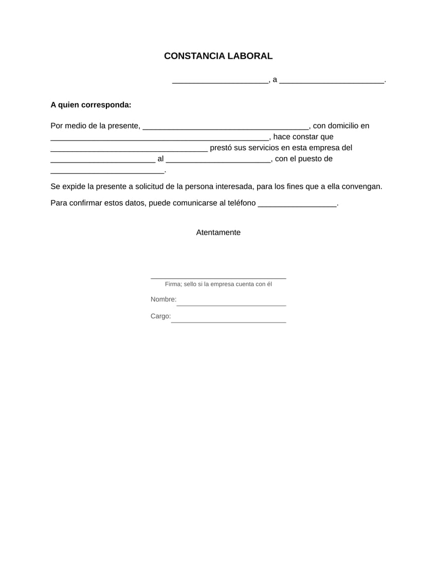 Vista previa del formato de constancia laboral en blanco, tamaño carta: título, lugar y fecha, texto de la constancia con espacios para llenar y línea de firma. Versión exempleado.