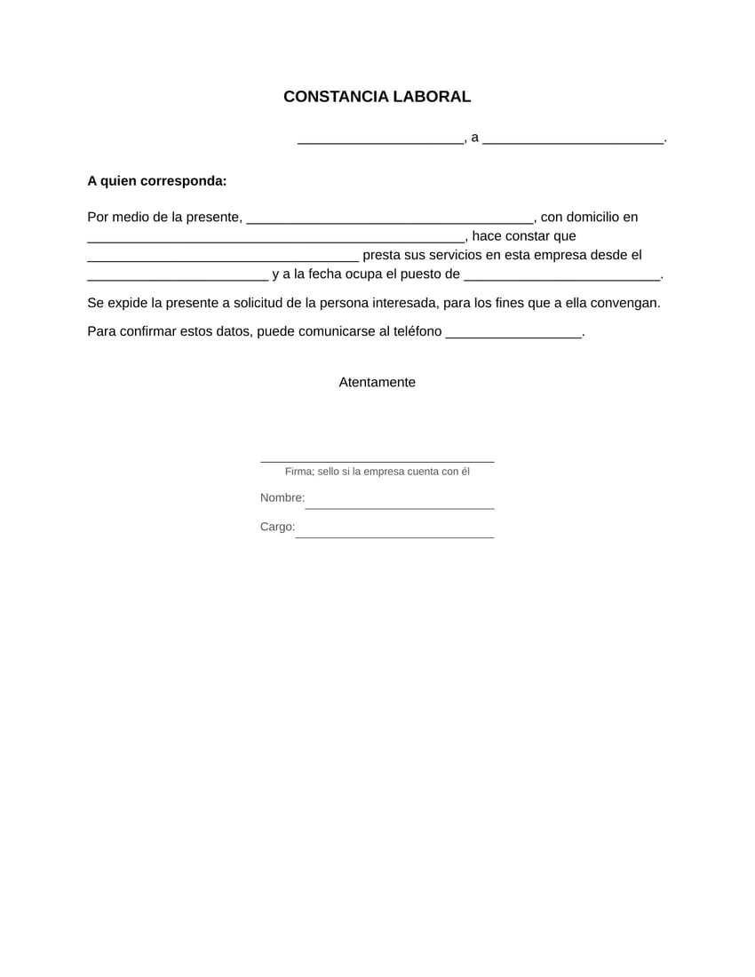 Vista previa del formato de constancia laboral en blanco, tamaño carta: título, lugar y fecha, texto de la constancia con espacios para llenar y línea de firma. Versión sin sueldo.