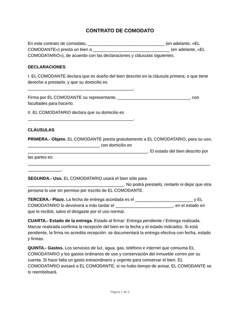 Vista previa del formato de contrato de comodato en blanco
