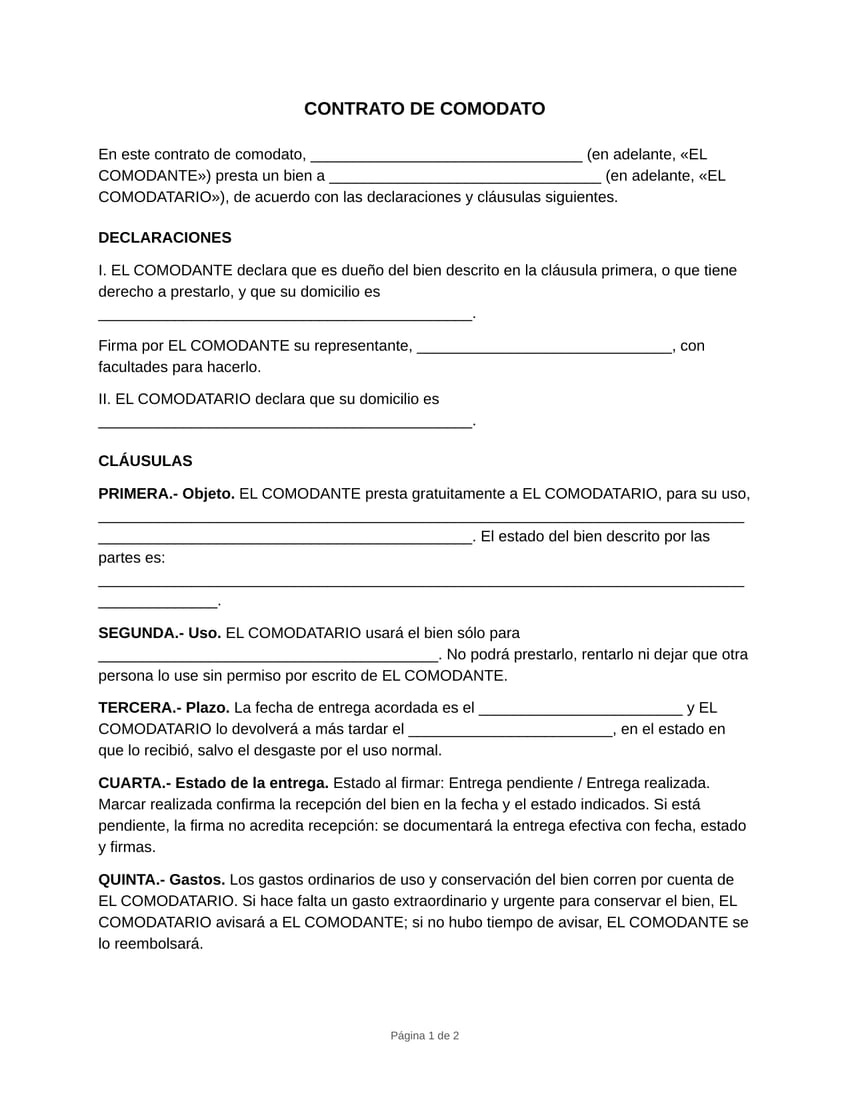 Vista previa del formato de contrato de comodato en blanco, tamaño carta: partes, declaraciones y las cláusulas de objeto, uso, plazo y gastos. Versión otro bien.