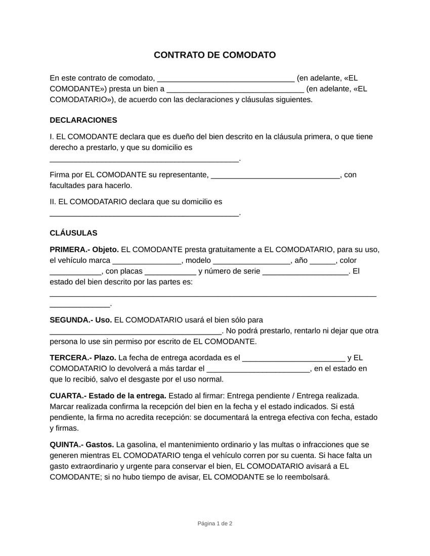 Vista previa del formato de contrato de comodato en blanco, tamaño carta: partes, declaraciones y las cláusulas de objeto, uso, plazo y gastos. Versión vehículo.