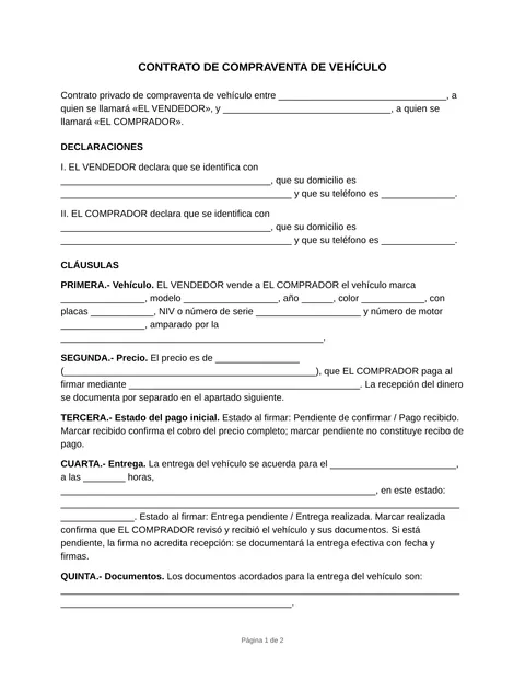 Vista previa del formato de contrato de compraventa de vehículo en blanco
