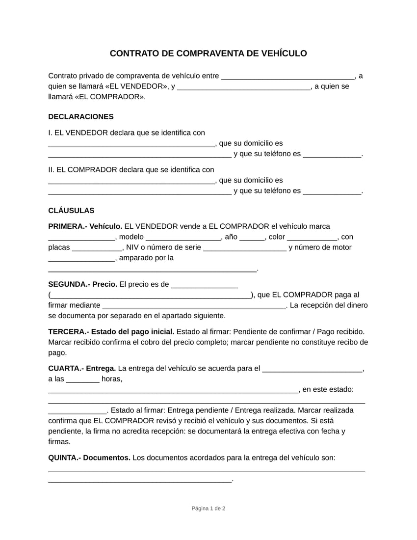 Vista previa del formato de contrato de compraventa de vehículo en blanco, tamaño carta: datos e identificación de quien vende y de quien compra y las cláusulas de vehículo, precio y entrega.