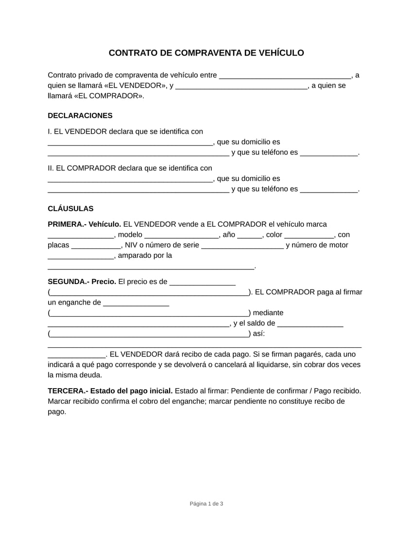 Vista previa del formato de contrato de compraventa de vehículo en blanco, tamaño carta: datos e identificación de quien vende y de quien compra y las cláusulas de vehículo, precio y entrega. Versión a plazos.