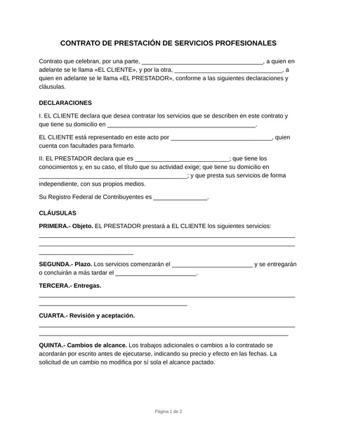 Vista previa del formato de contrato de prestación de servicios profesionales en blanco