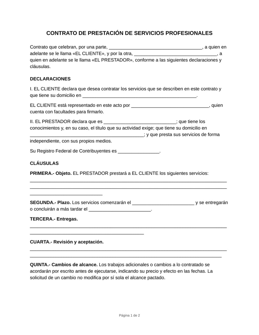Vista previa del formato de contrato de prestación de servicios profesionales en blanco, tamaño carta: partes, declaraciones de cliente y prestador y las cláusulas de objeto, plazo, honorarios y gastos.