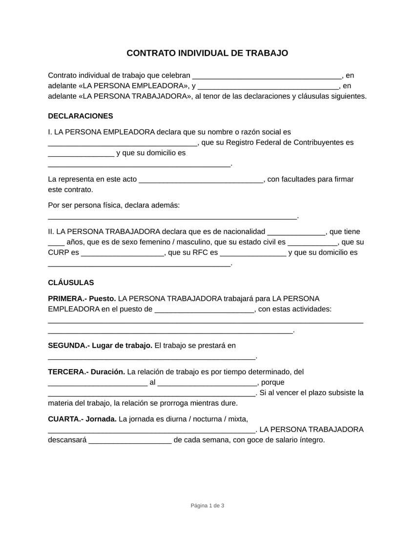 Vista previa del formato de contrato individual de trabajo en blanco, tamaño carta: declaraciones con los datos de ambas partes y las primeras cláusulas de puesto, lugar y duración. Versión tiempo determinado.