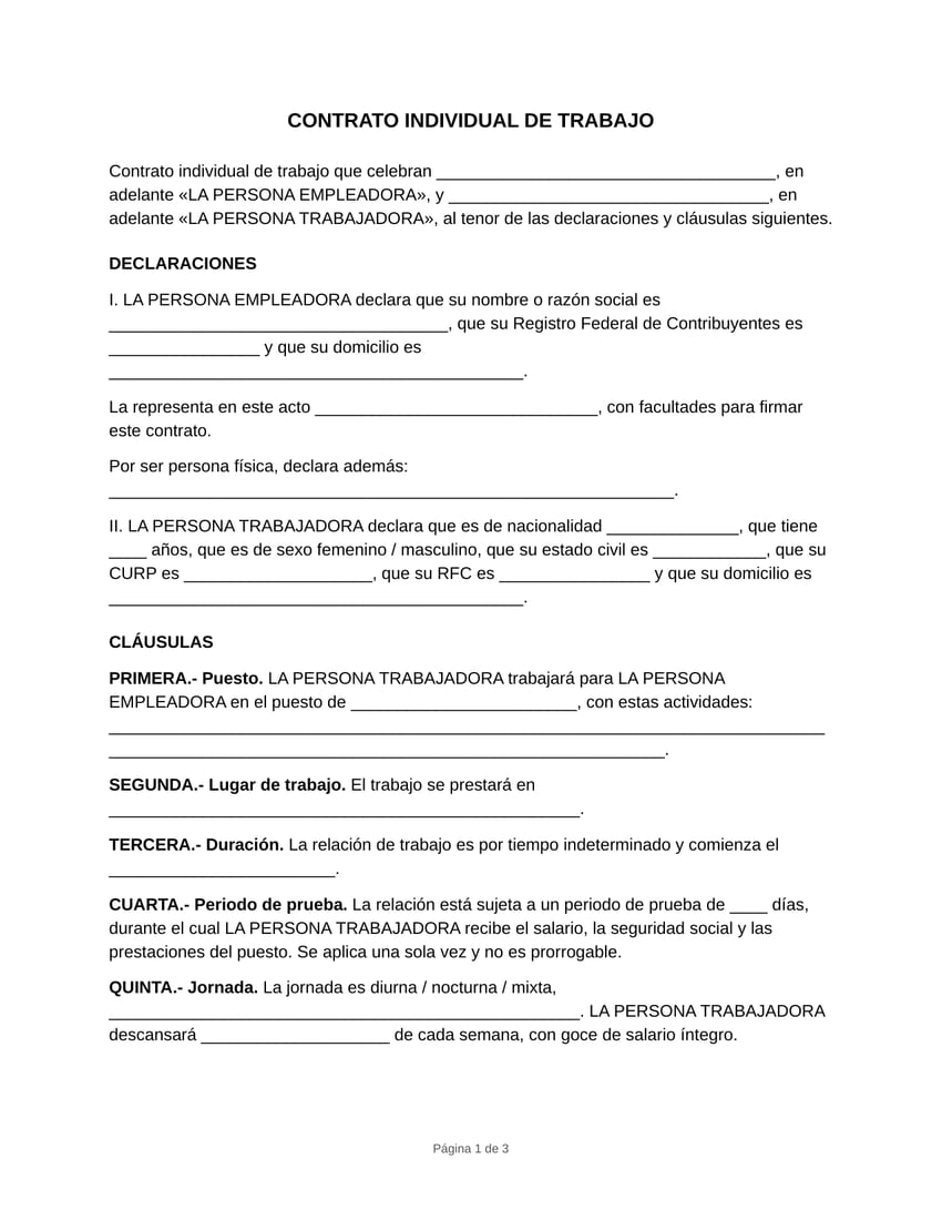 Vista previa del formato de contrato individual de trabajo en blanco, tamaño carta: declaraciones con los datos de ambas partes y las primeras cláusulas de puesto, lugar y duración.
