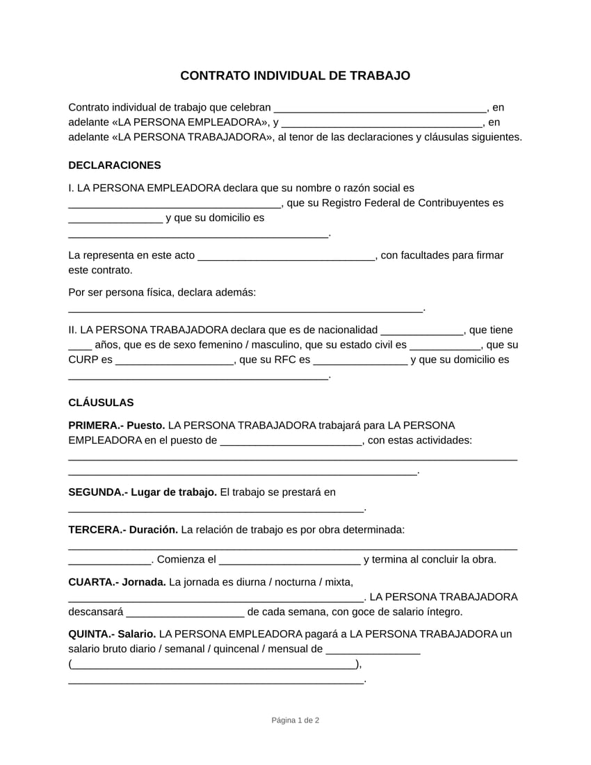 Vista previa del formato de contrato individual de trabajo en blanco, tamaño carta: declaraciones con los datos de ambas partes y las primeras cláusulas de puesto, lugar y duración. Versión obra determinada.