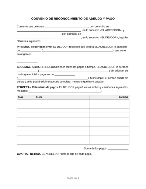Vista previa del formato de convenio de pago con reconocimiento de adeudo, en blanco