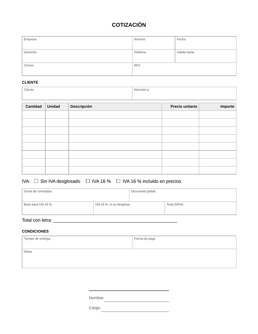 Vista previa del formato de cotización en blanco, tamaño carta: datos de la empresa con número, fecha y vigencia, datos del cliente, tabla de ocho renglones con importes, IVA, total, total con letra, condiciones y firma.