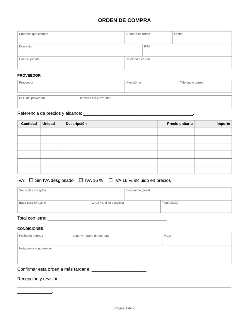 Vista previa del formato de orden de compra en blanco, tamaño carta: datos de la empresa que compra con número de orden y fecha, datos del proveedor, tabla de seis renglones con cantidad, descripción, precio e importe, totales con IVA, condiciones de entrega y firmas.