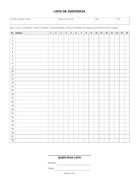 Vista previa de la lista de asistencia en blanco