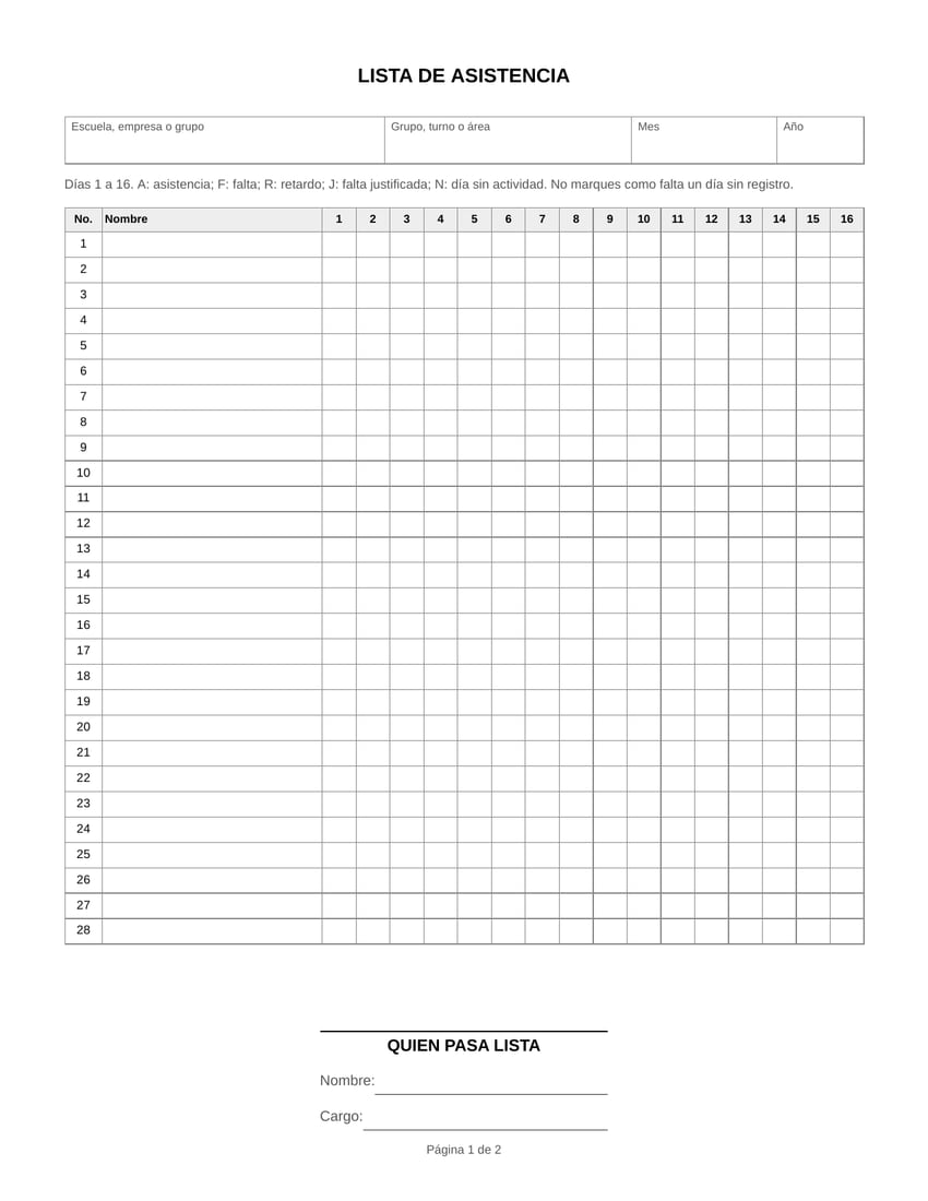 Vista previa de la lista de asistencia en blanco, tamaño carta: encabezado con escuela o empresa, grupo, mes y año, y una cuadrícula con veintiocho renglones numerados para los nombres y una columna por cada día, del 1 al 16.