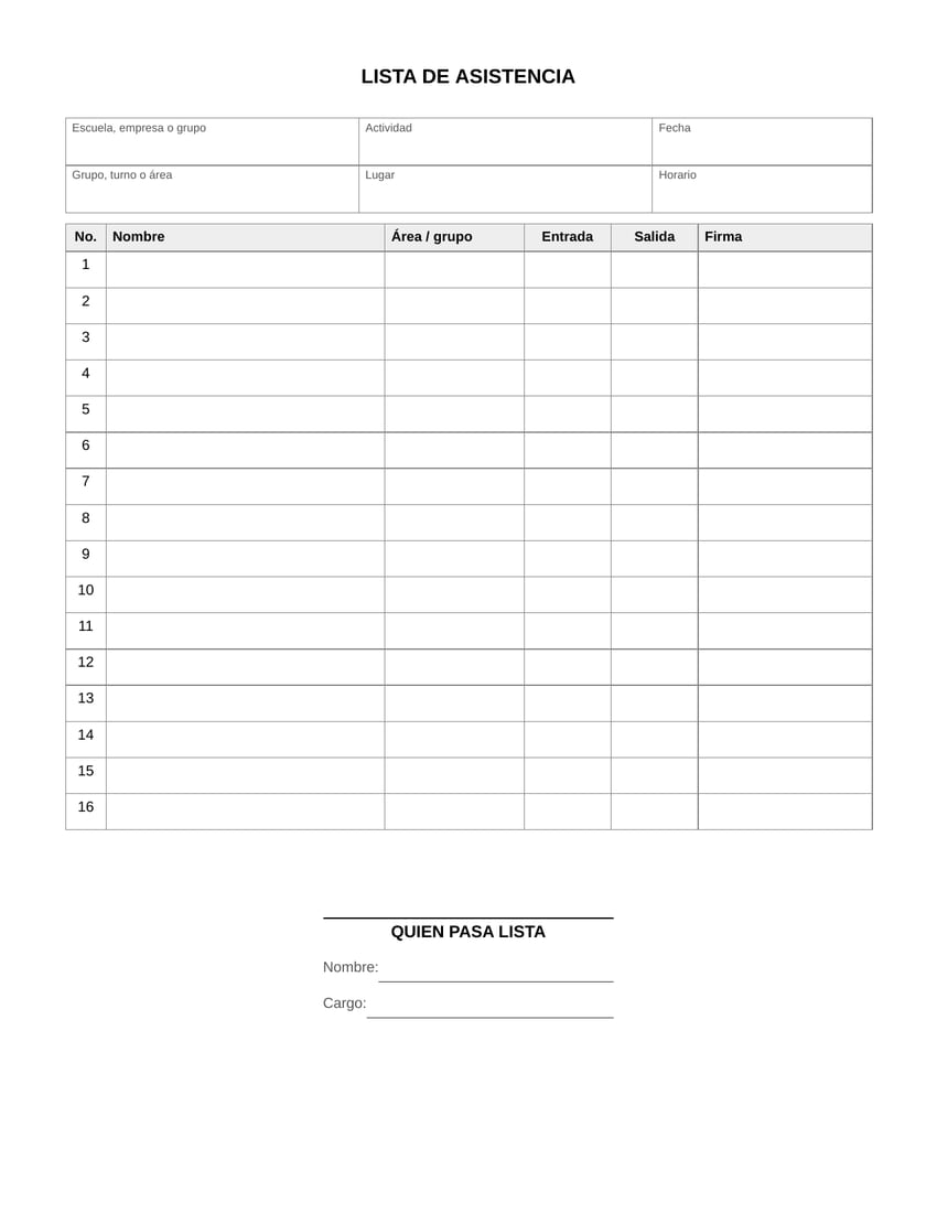 Vista previa de la lista de asistencia por sesión en blanco, tamaño carta: escuela o empresa, actividad, fecha, lugar y horario, y una tabla de dieciséis renglones con nombre, área o grupo, entrada, salida y firma.