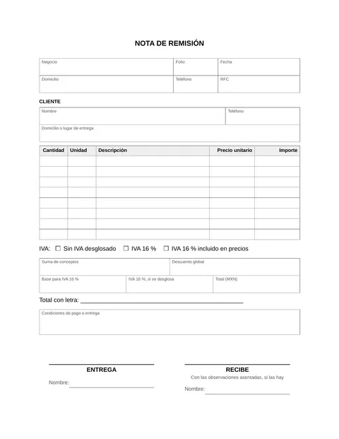 Vista previa del formato de nota de remisión en blanco