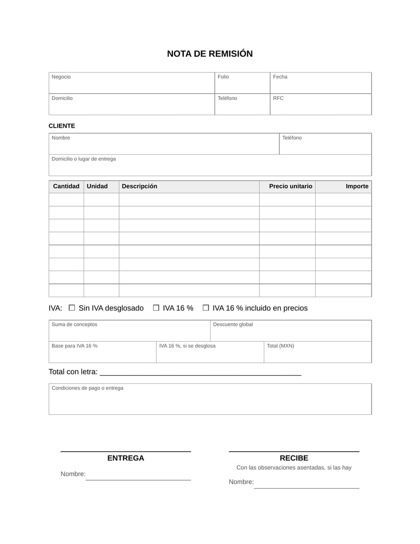 Vista previa del formato de nota de remisión en blanco, tamaño carta: datos del negocio con folio y fecha, datos del cliente, tabla de ocho renglones para cantidad, descripción, precio e importe, totales, total con letra y firmas.
