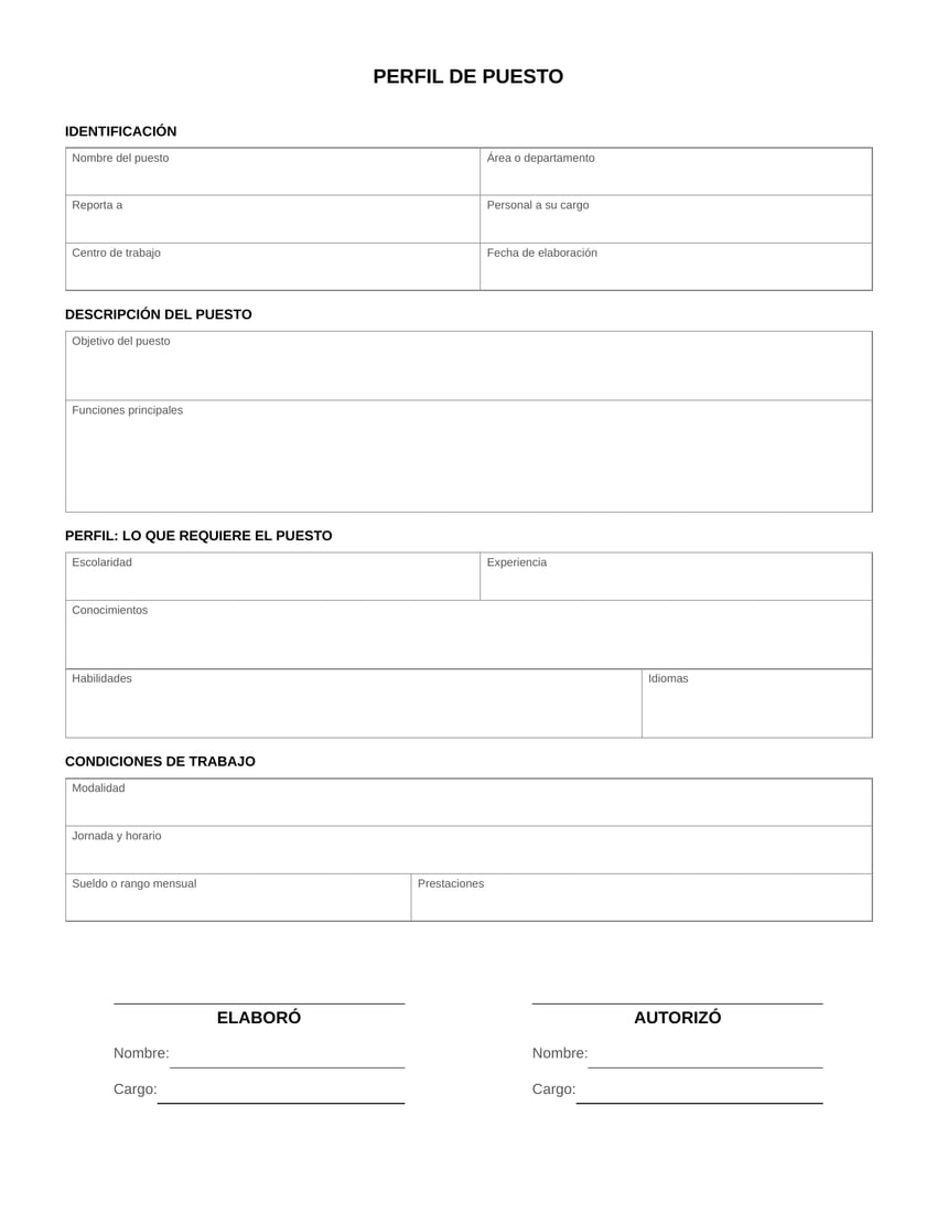 Vista previa del formato de perfil de puesto en blanco, tamaño carta: identificación del puesto, objetivo y funciones, requisitos de escolaridad, experiencia, conocimientos y habilidades, condiciones de trabajo y firmas de quien elaboró y quien autorizó.