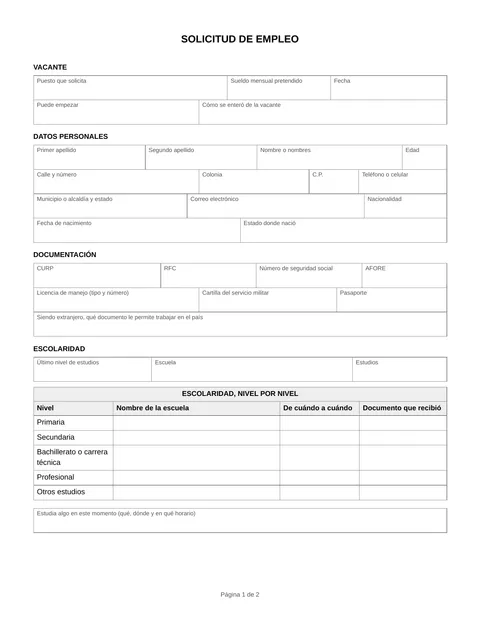 Vista previa de la solicitud de empleo completa en blanco