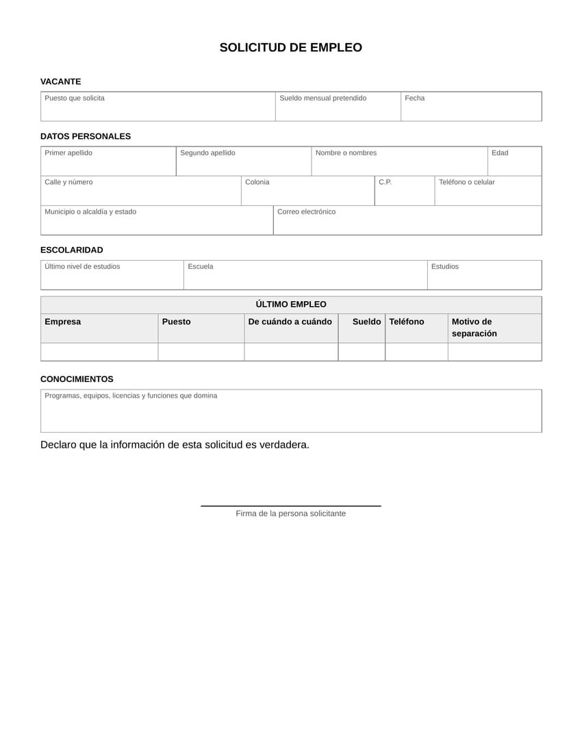 Vista previa de la solicitud de empleo sencilla en blanco, tamaño carta, en una sola hoja: vacante, datos personales, escolaridad, último empleo, conocimientos, declaración y firma.