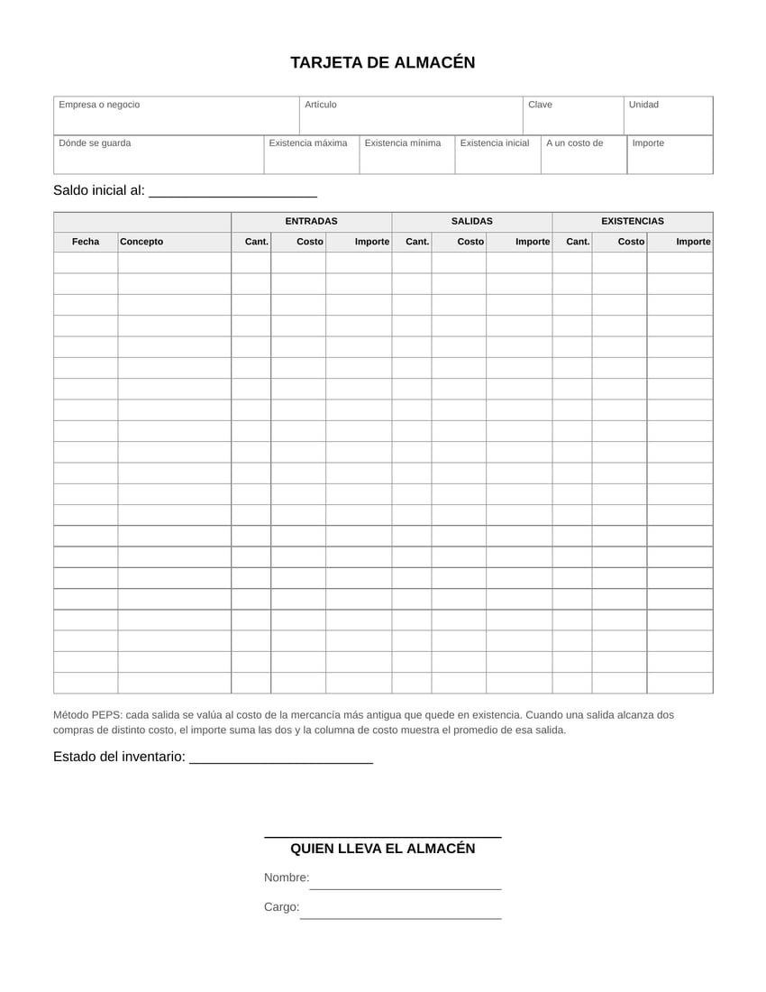 Vista previa de la tarjeta de almacén en blanco, tamaño carta: encabezado con empresa, artículo, clave, unidad, existencias máxima, mínima e inicial, y una tabla de veintiún renglones con tres grupos de columnas, entradas, salidas y existencias, cada uno con cantidad, costo e importe. Versión pEPS.