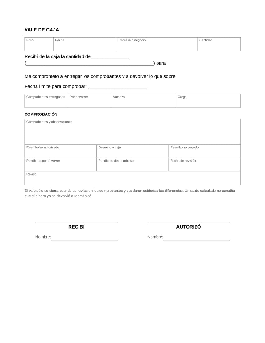 Vista previa del vale de caja de comprobación en blanco, tamaño carta: un vale con folio, fecha, empresa y cantidad, fecha límite para comprobar, la sección de comprobación con comprobantes, devoluciones y reembolsos, y las firmas de quien recibe y quien autoriza.